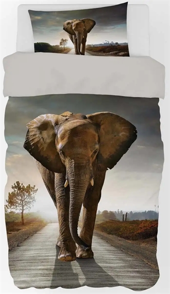 Se Sengetøj 140x200 cm - Flot dynebetræk med stor elefant - 100% bomulds sengesæt hos Dynezonen.dk